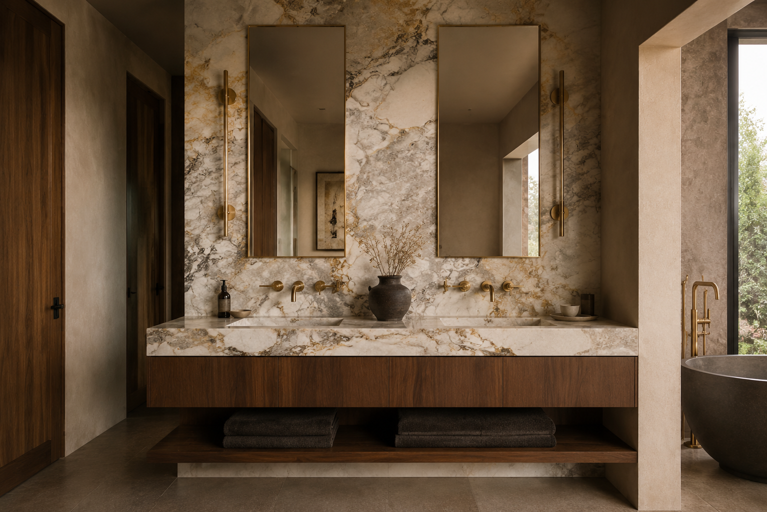 Sophisticated bathroom with a veined stone vanity and backsplash