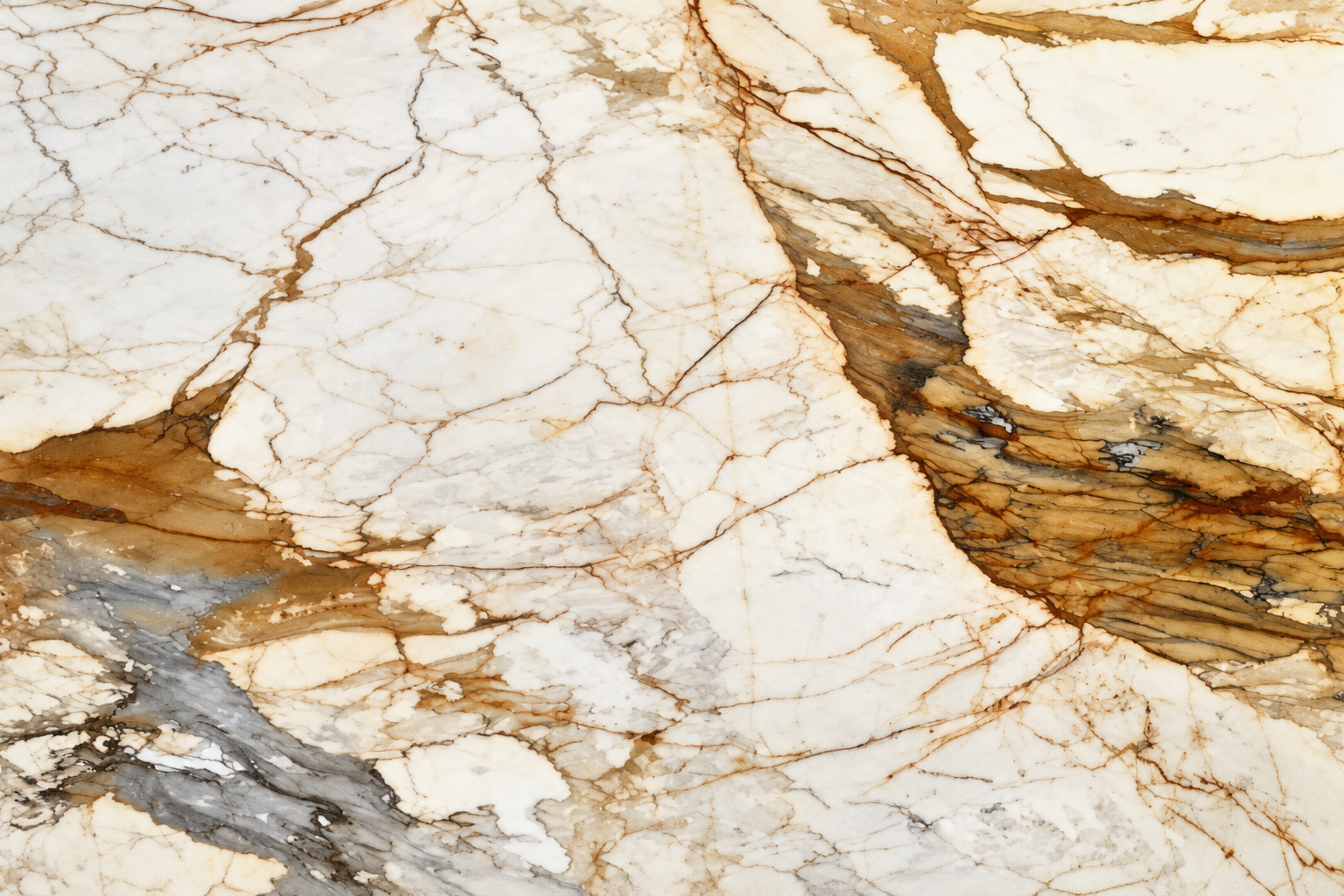 Marble slab surface with white, gray and gold veining